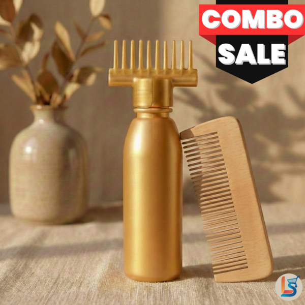 Wodden comb + Hair oil bottle Combo golden Wooden Comb and Hair Oil Bottle (Combo)